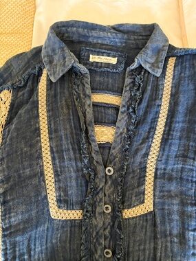 We The Free Blue Button-Front Top with Cream Crochet Trim